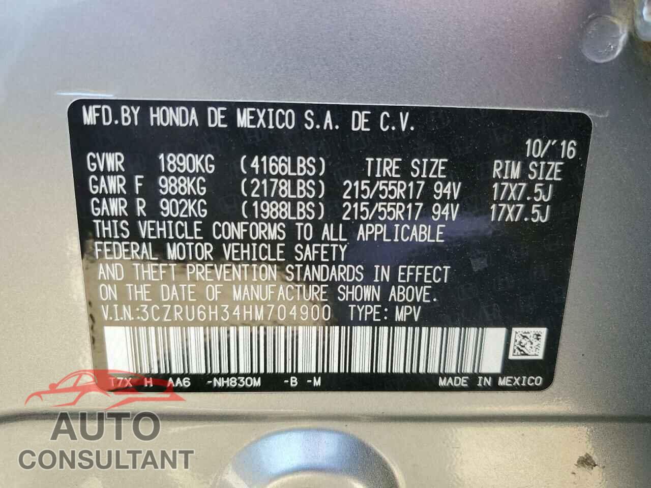 HONDA HR-V 2017 - 3CZRU6H34HM704900