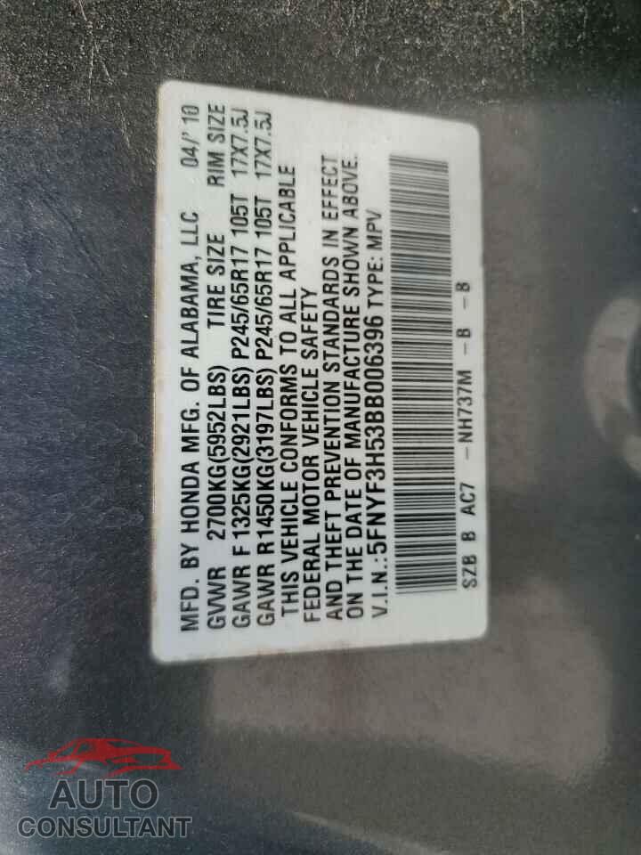 HONDA PILOT 2011 - 5FNYF3H53BB006396
