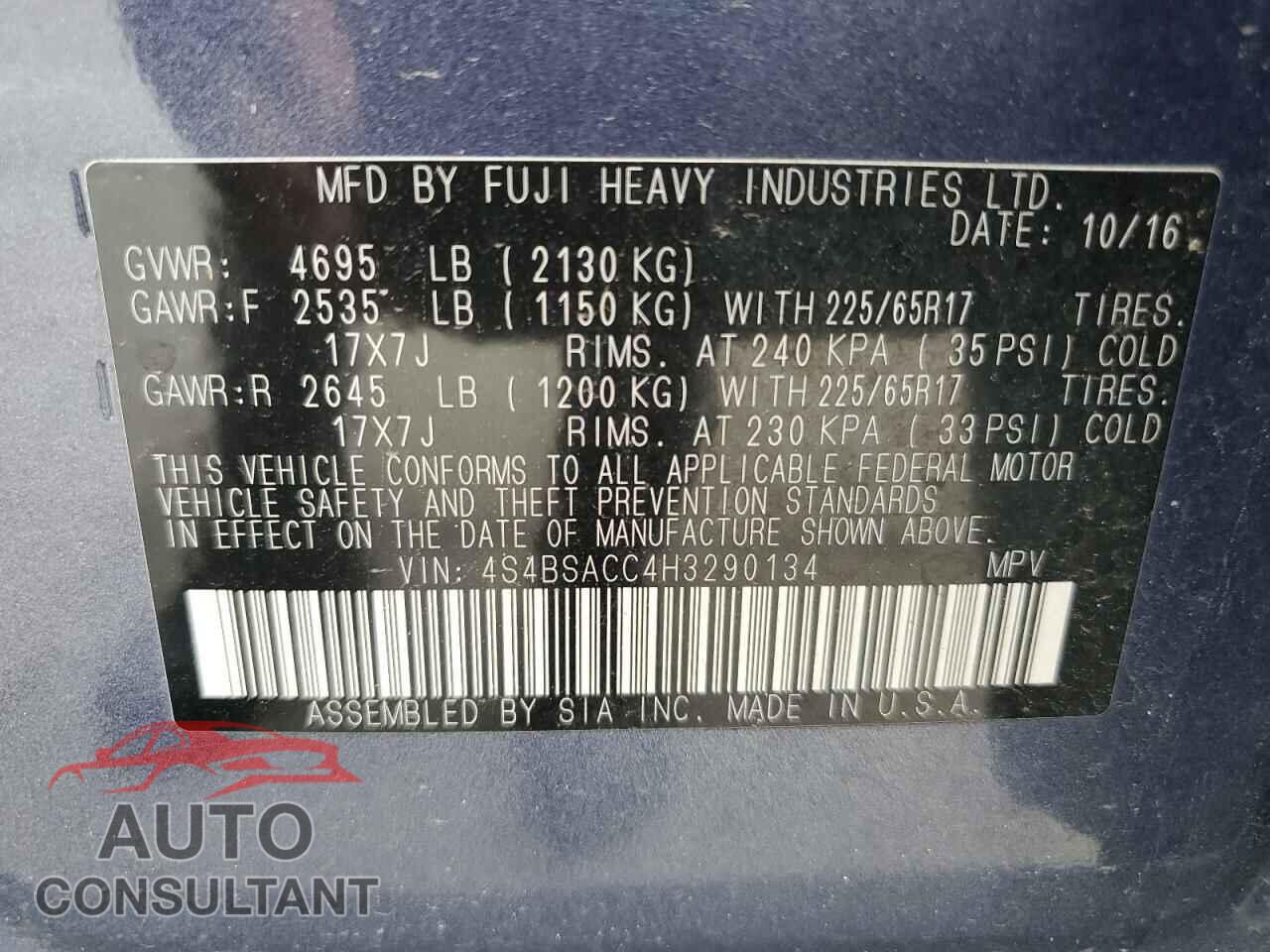 SUBARU OUTBACK 2017 - 4S4BSACC4H3290134