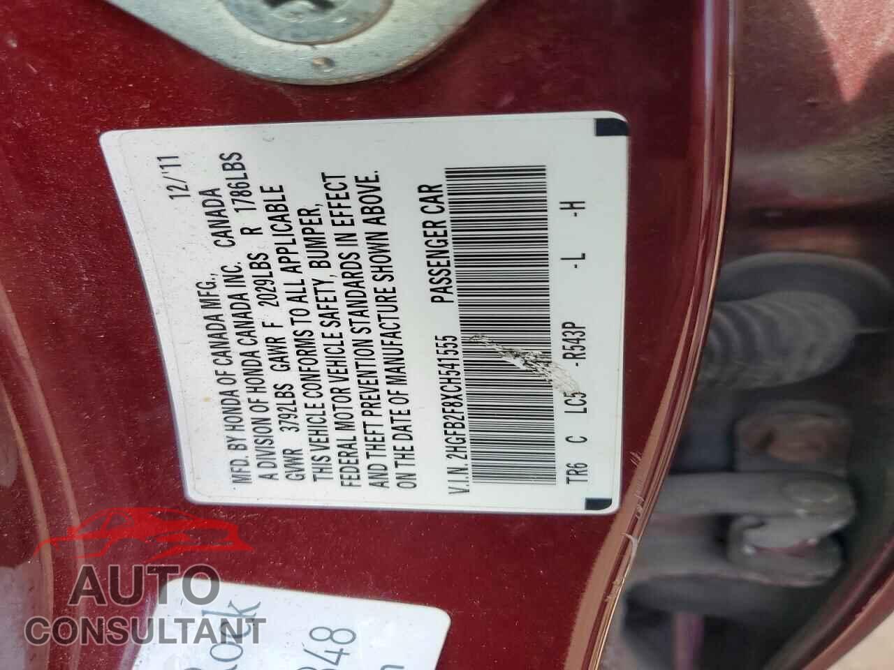 HONDA CIVIC 2012 - 2HGFB2F8XCH541555