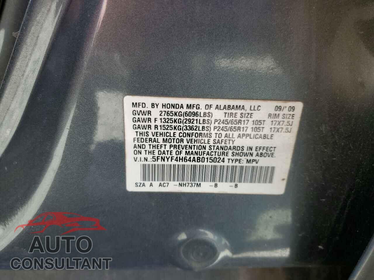 HONDA PILOT 2010 - 5FNYF4H64AB015024