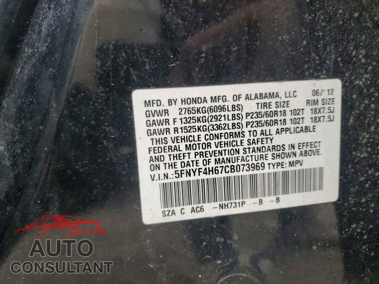 HONDA PILOT 2012 - 5FNYF4H67CB073969
