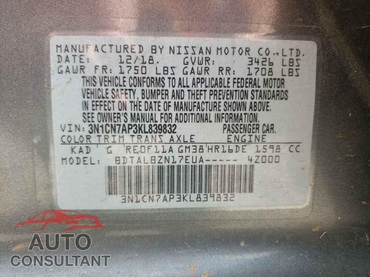NISSAN VERSA 2019 - 3N1CN7AP3KL839832