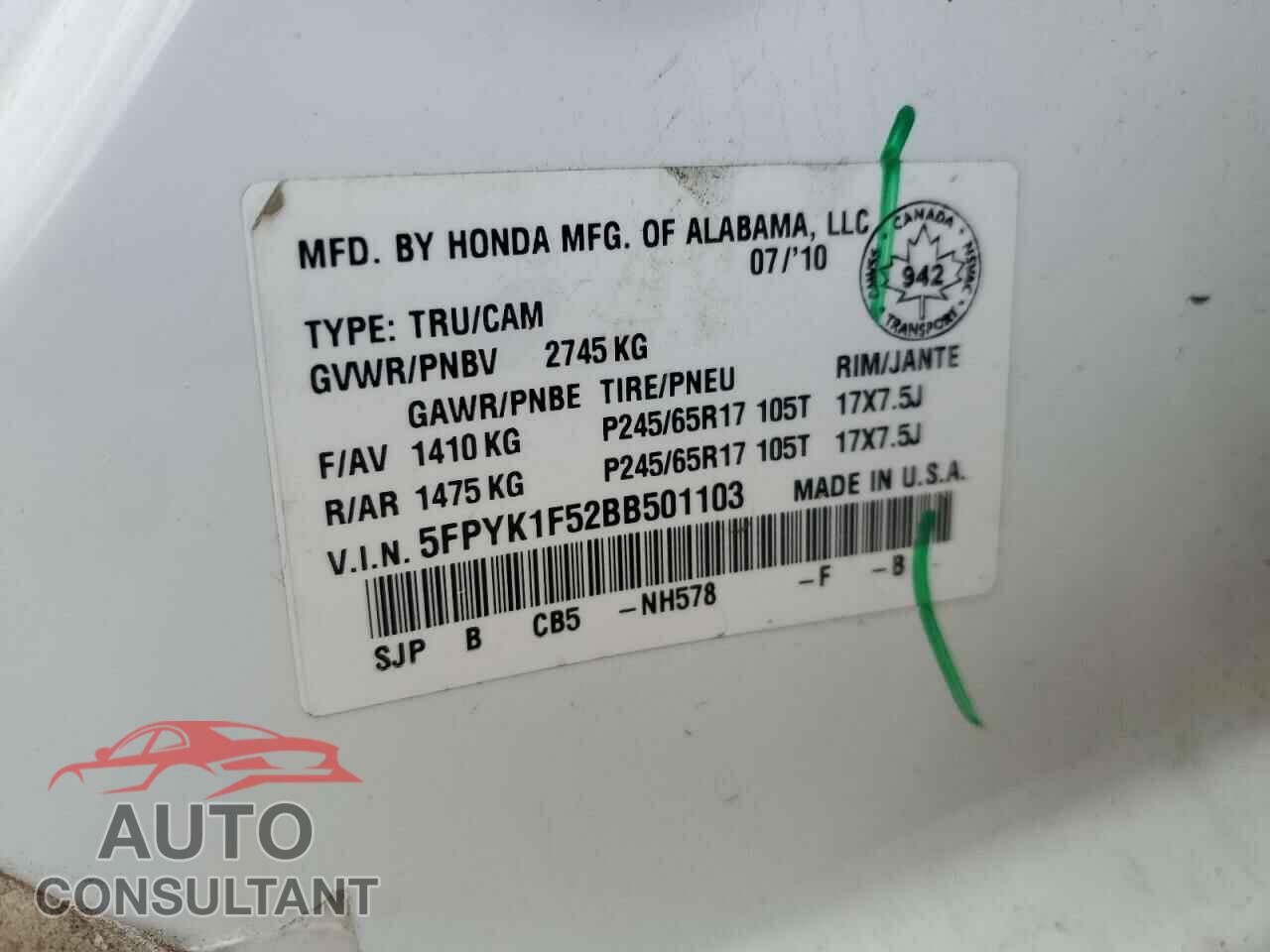 HONDA RIDGELINE 2011 - 5FPYK1F52BB501103