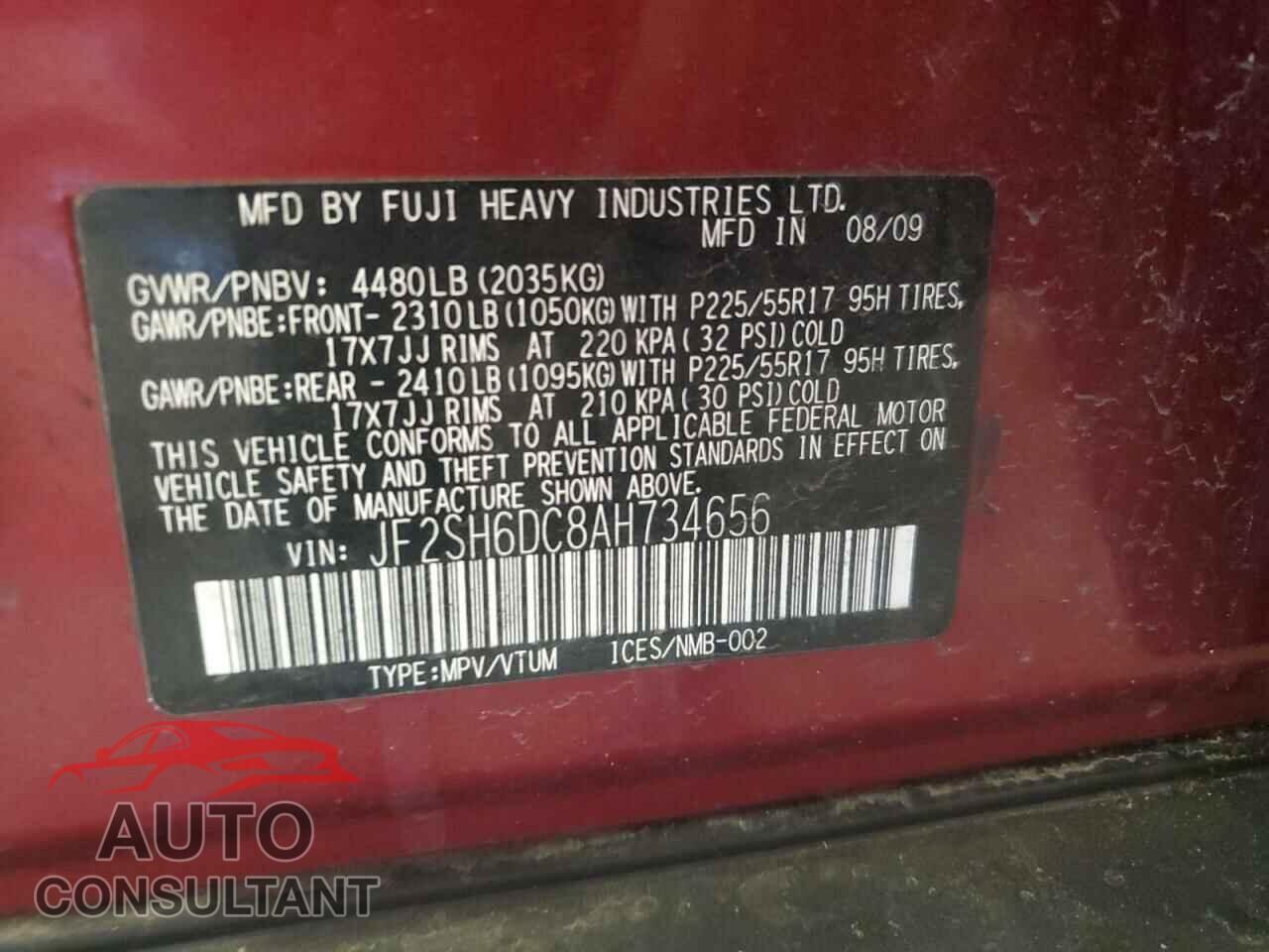 SUBARU FORESTER 2010 - JF2SH6DC8AH734656