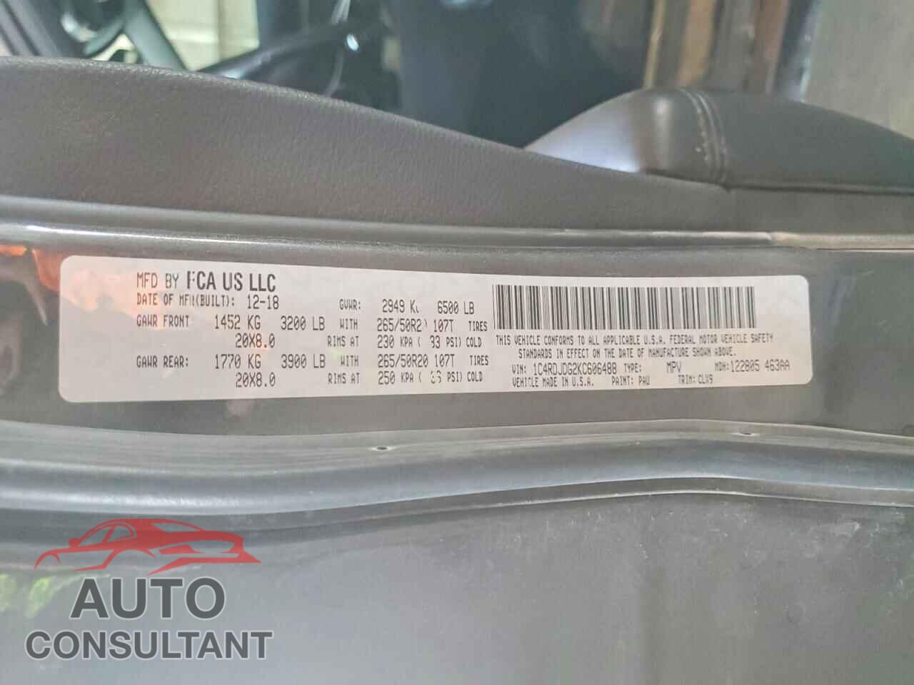 DODGE DURANGO 2019 - 1C4RDJDG2KC606488
