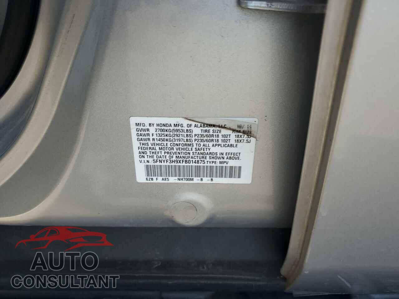 HONDA PILOT 2015 - 5FNYF3H9XFB014875