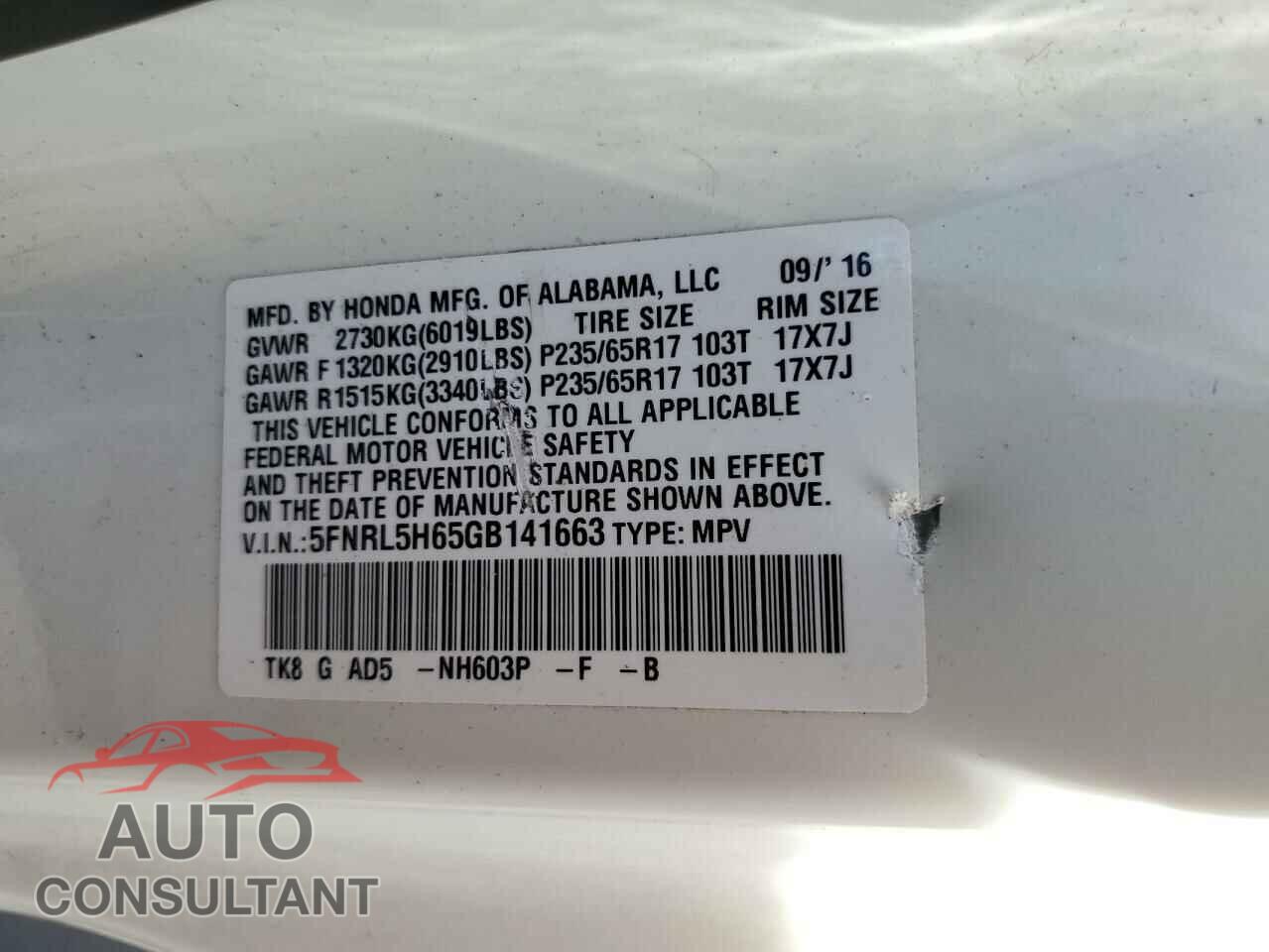 HONDA ODYSSEY 2016 - 5FNRL5H65GB141663