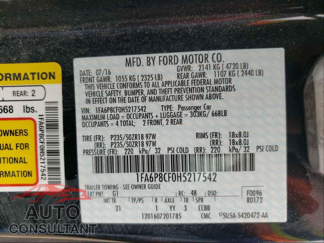 FORD MUSTANG 2017 - 1FA6P8CF0H5217542