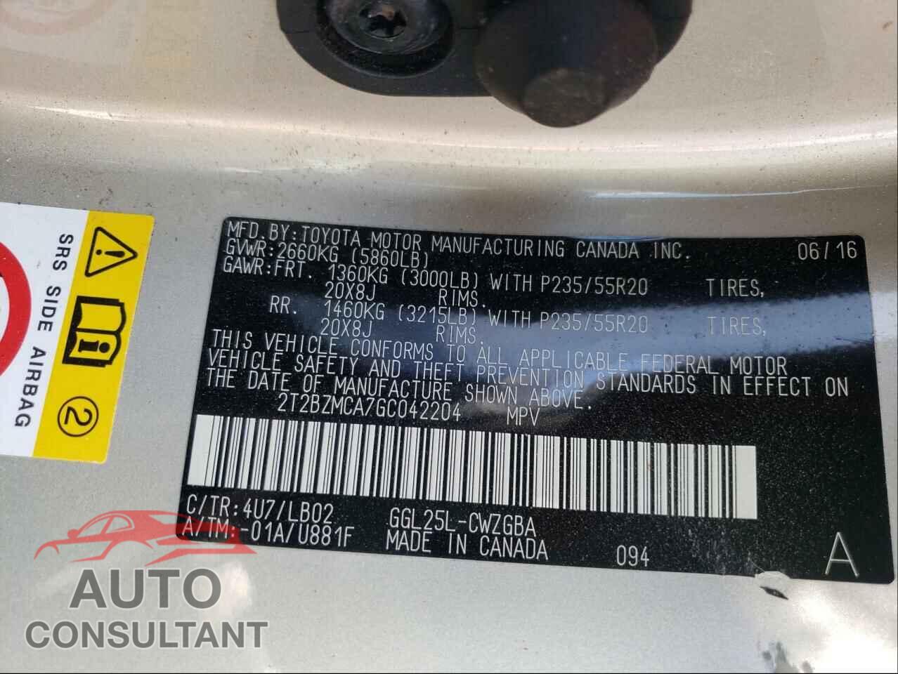 LEXUS RX350 2016 - 2T2BZMCA7GC042204
