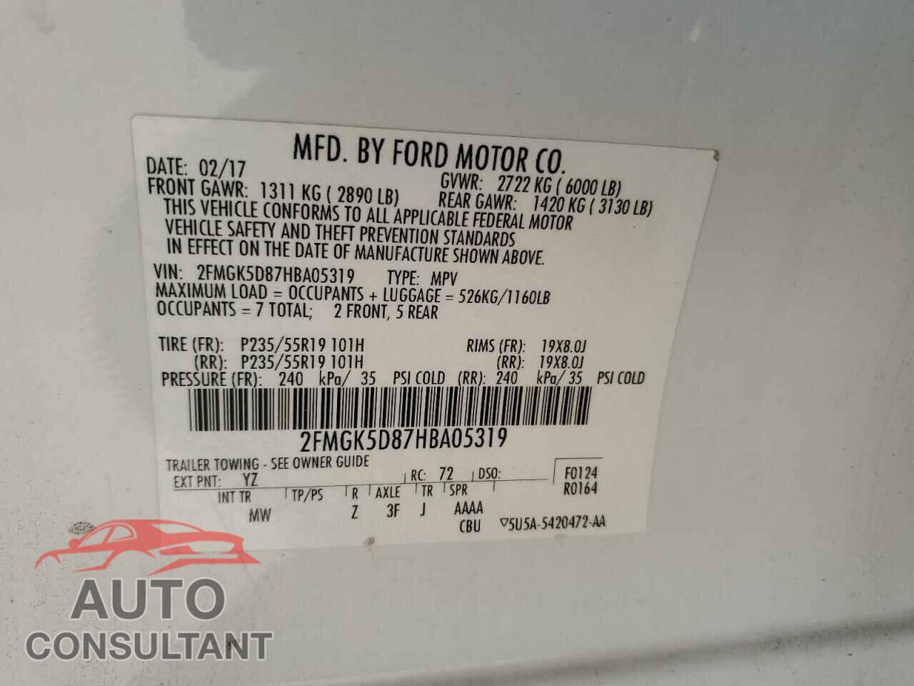 FORD FLEX 2017 - 2FMGK5D87HBA05319