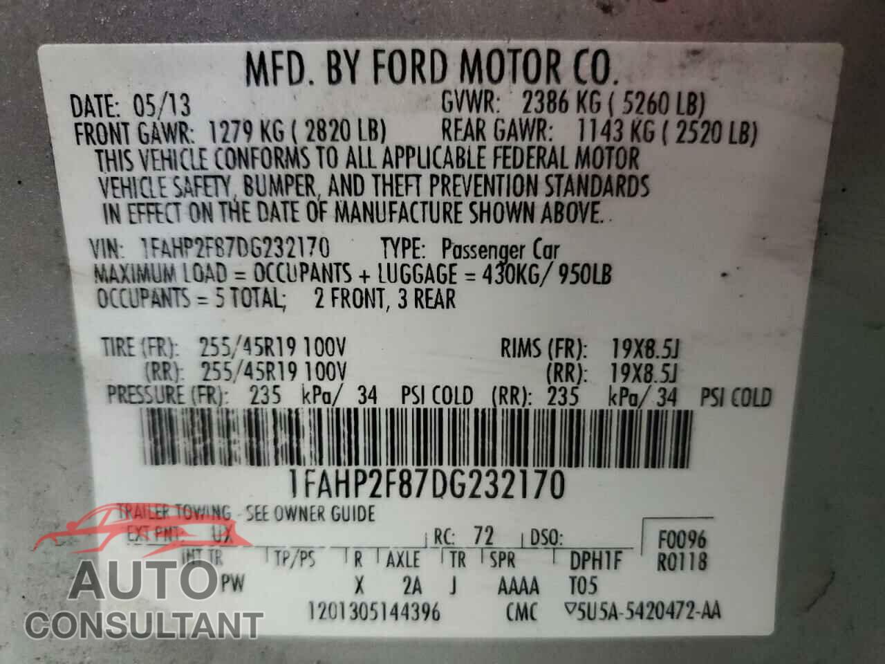 FORD TAURUS 2013 - 1FAHP2F87DG232170