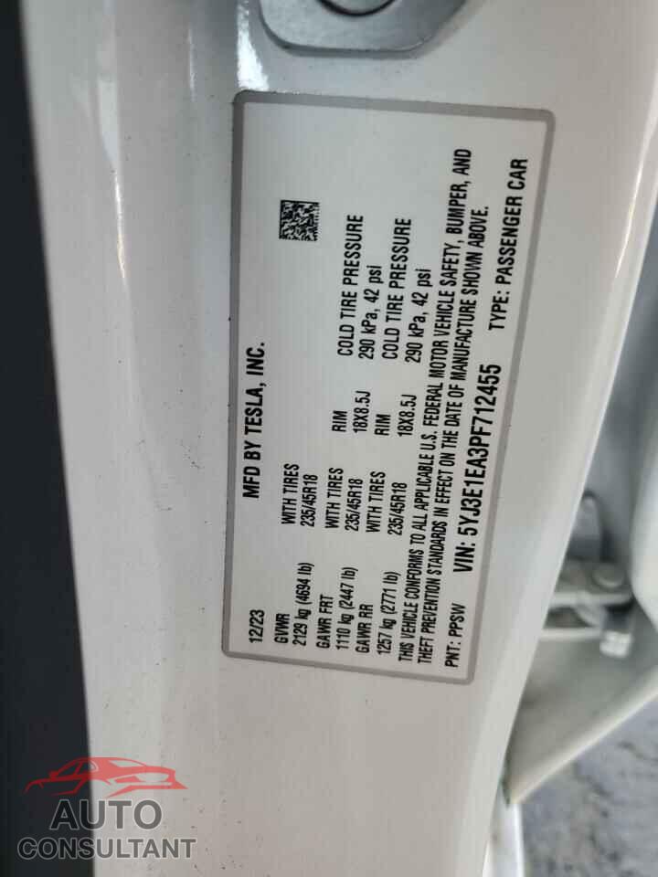 TESLA MODEL 3 2023 - 5YJ3E1EA3PF712455