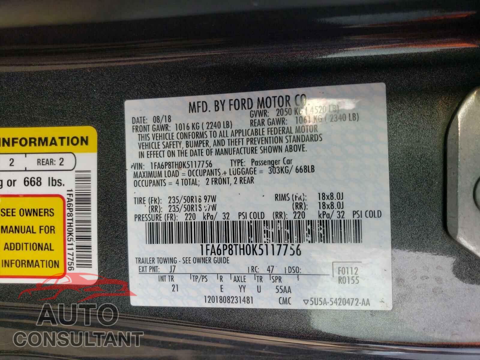 FORD MUSTANG 2019 - 1FA6P8TH0K5117756