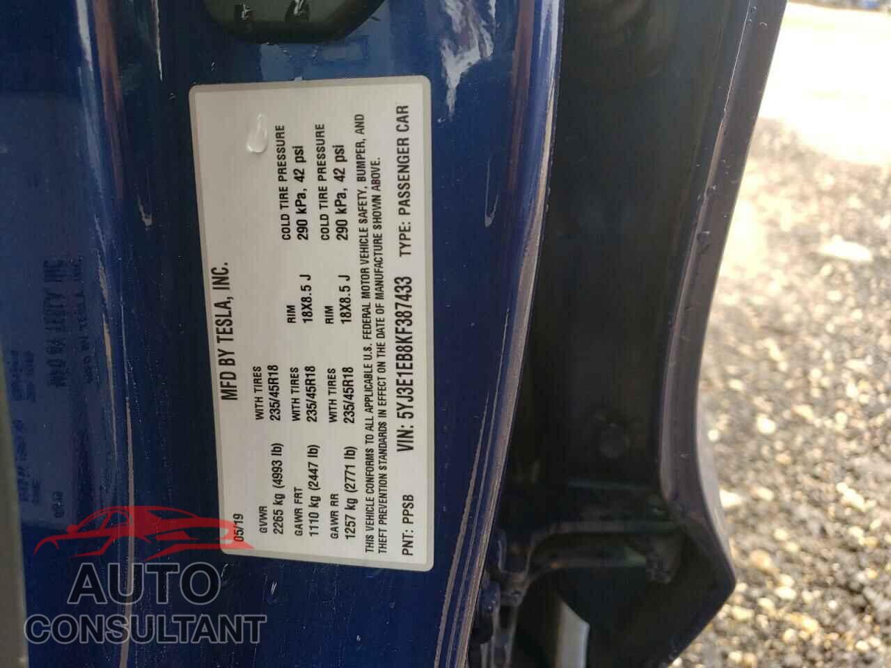 TESLA MODEL 3 2019 - 5YJ3E1EB8KF387433