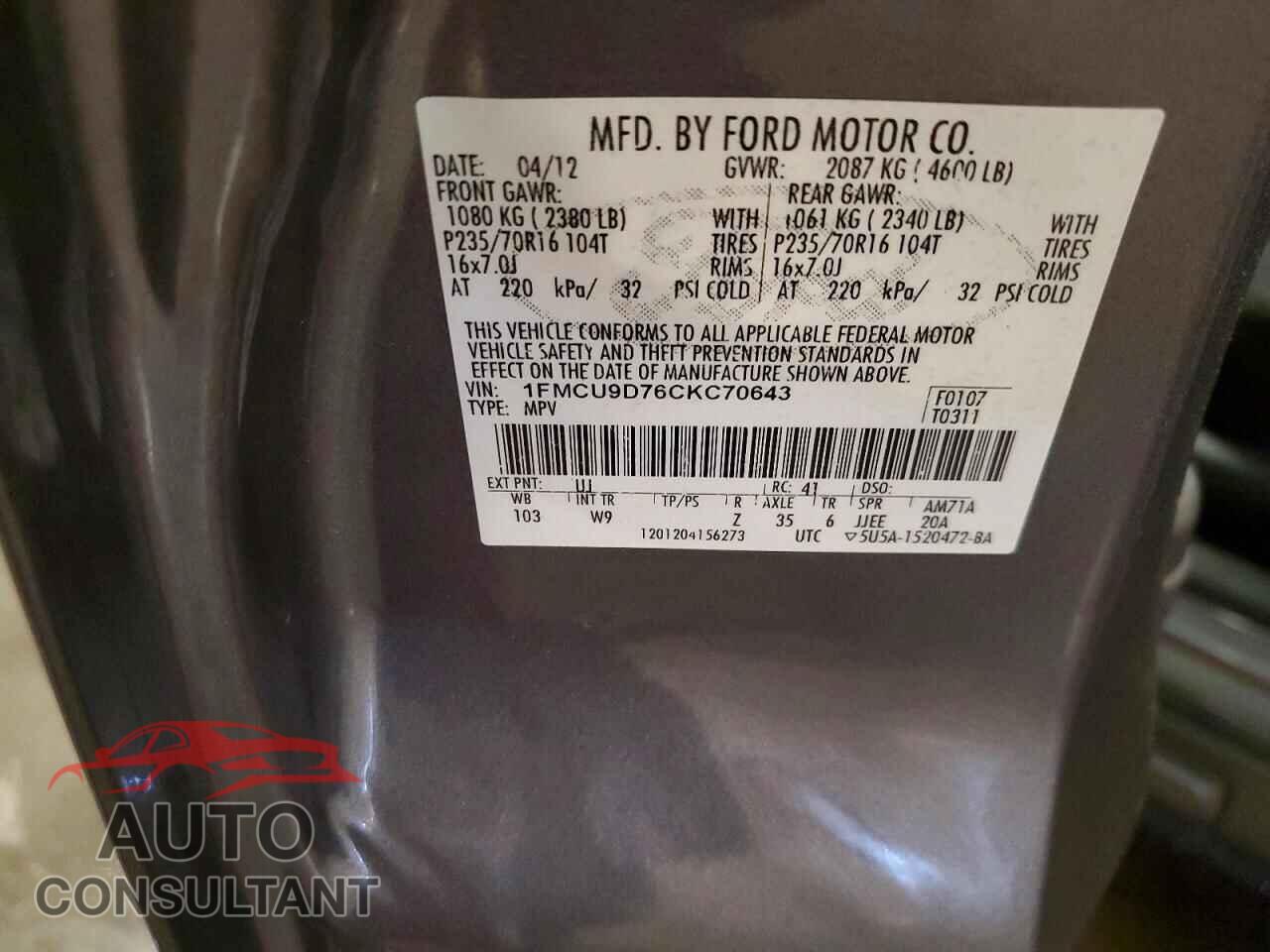 FORD ESCAPE 2012 - 1FMCU9D76CKC70643