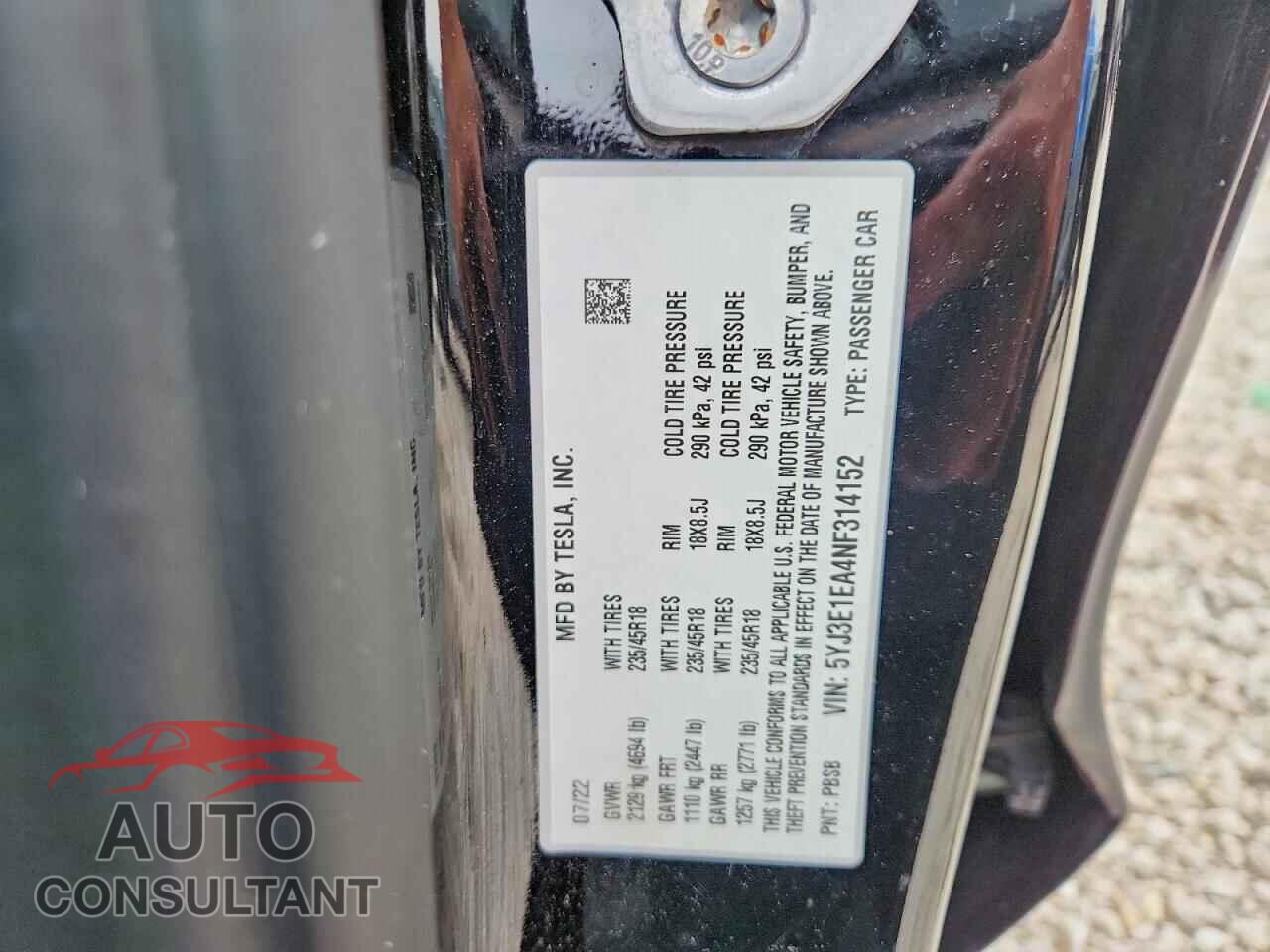 TESLA MODEL 3 2022 - 5YJ3E1EA4NF314152