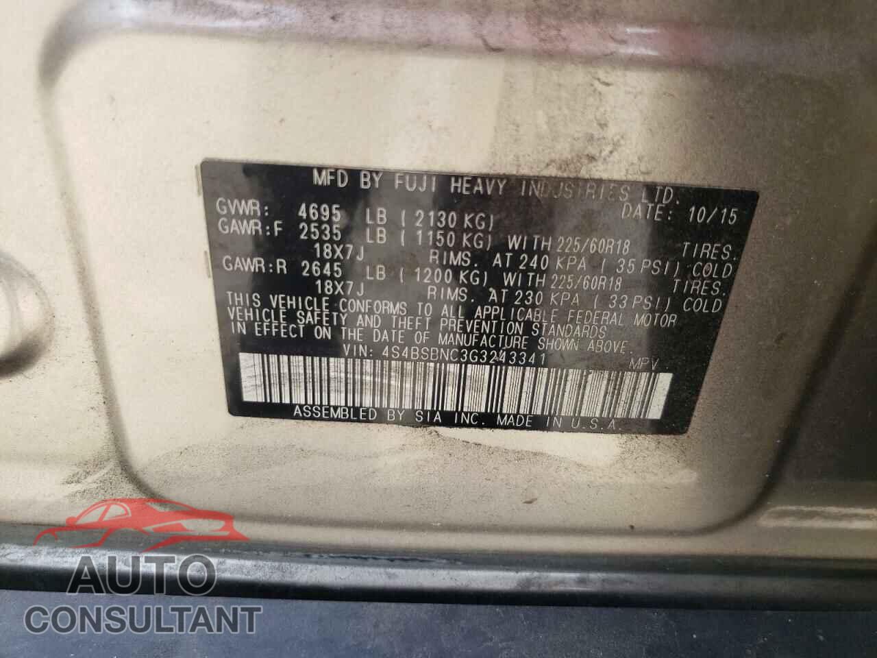SUBARU OUTBACK 2016 - 4S4BSBNC3G3243341