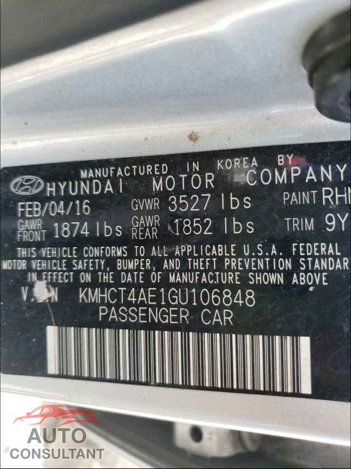 HYUNDAI ACCENT 2016 - KMHCT4AE1GU106848