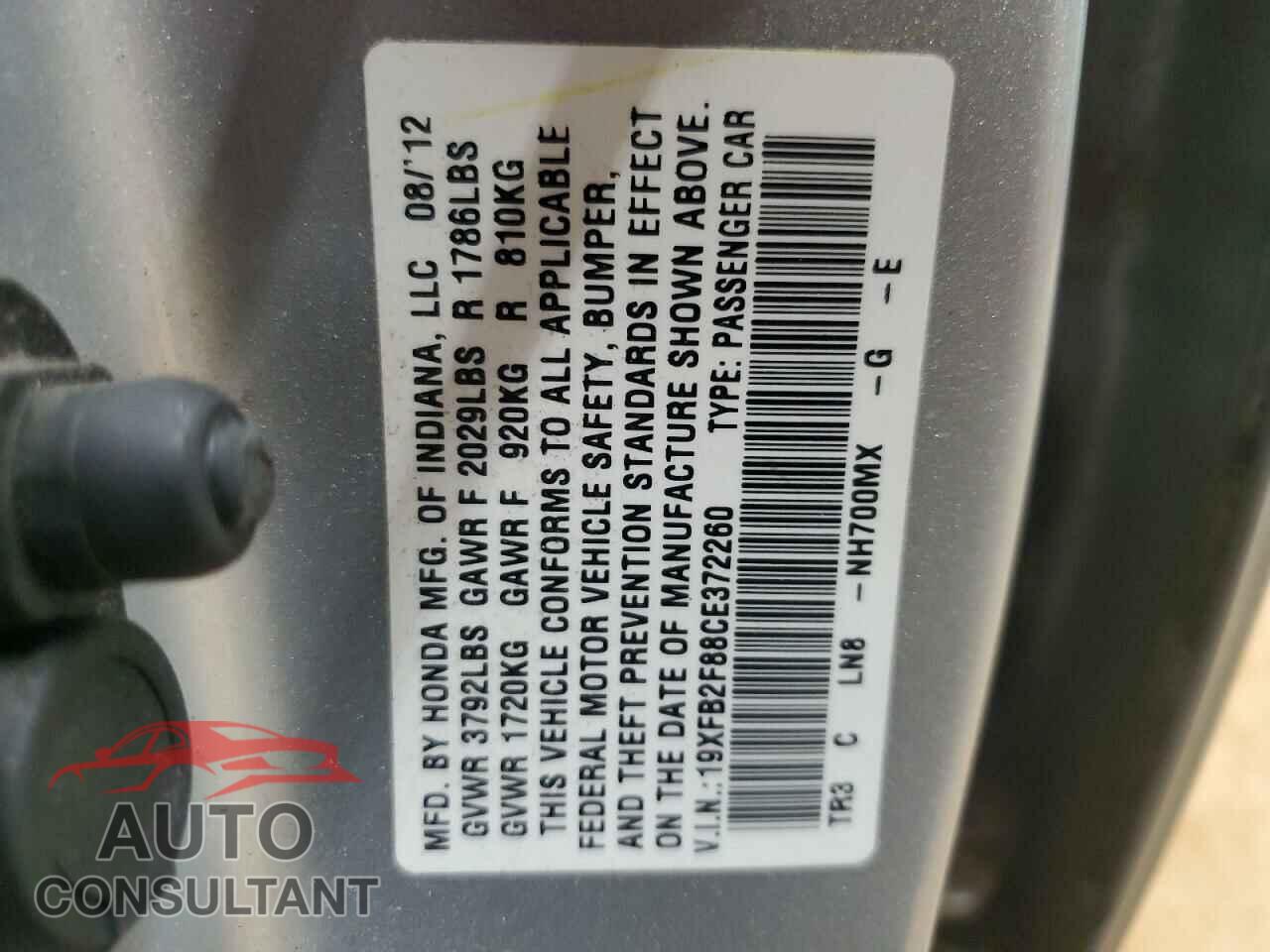HONDA CIVIC 2012 - 19XFB2F88CE372260
