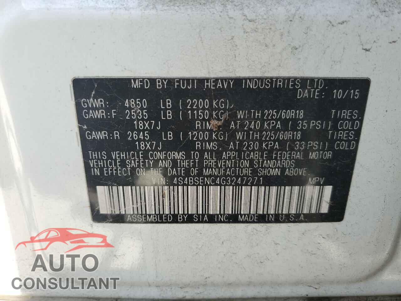 SUBARU OUTBACK 2016 - 4S4BSENC4G3247271