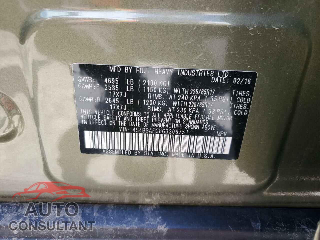 SUBARU OUTBACK 2016 - 4S4BSAFC8G3306751