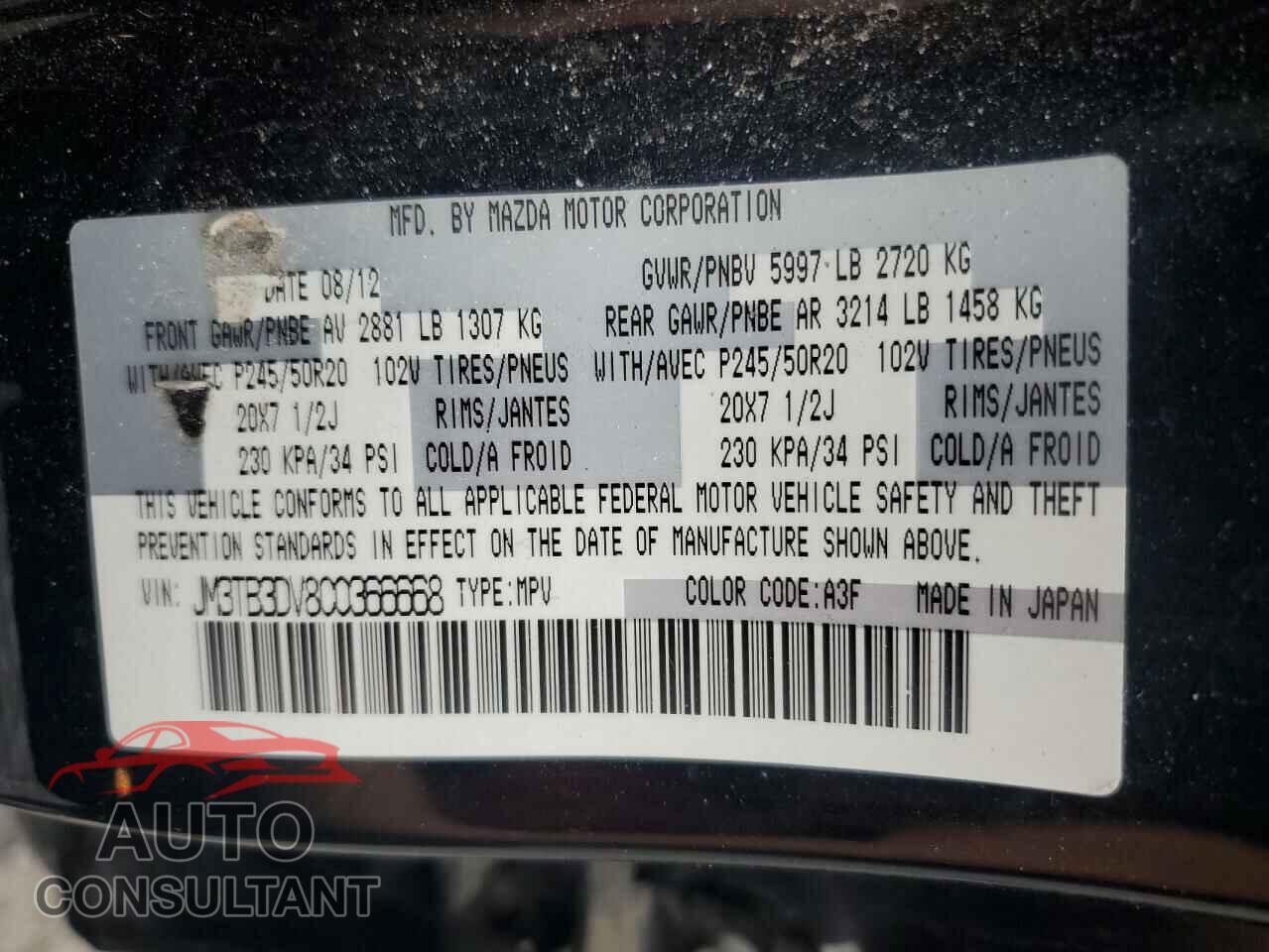 MAZDA CX-9 2012 - JM3TB3DV8C0366668