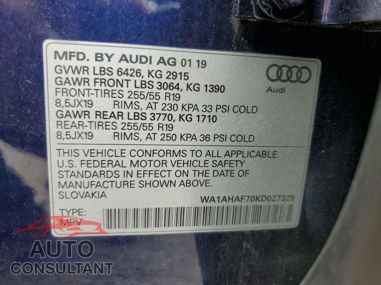 AUDI Q7 2019 - WA1AHAF70KD027325