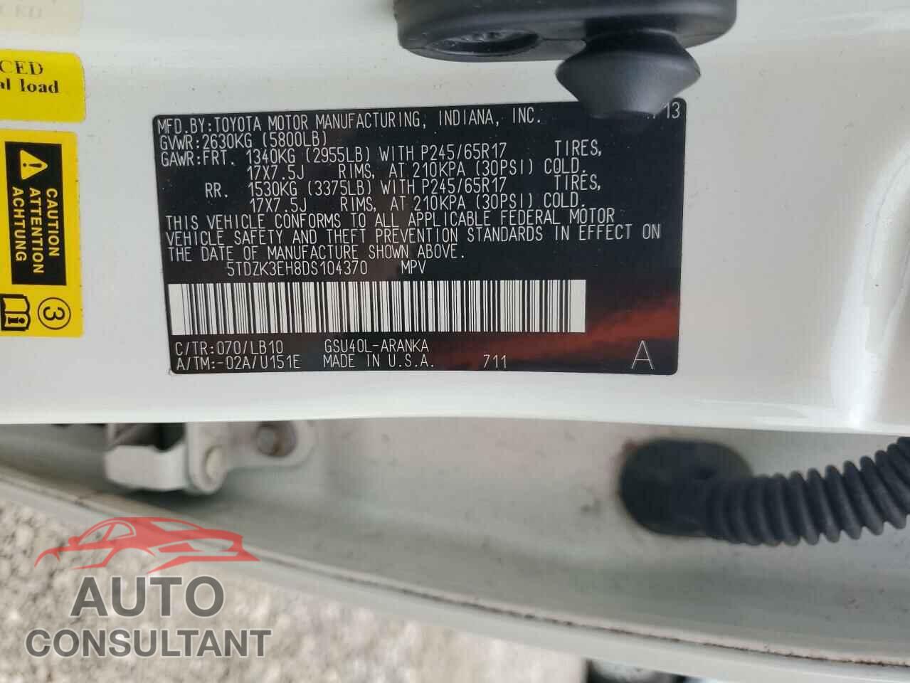 TOYOTA HIGHLANDER 2013 - 5TDZK3EH8DS104370