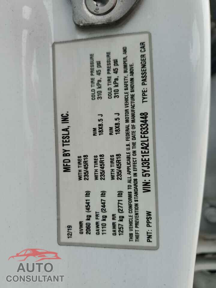 TESLA MODEL 3 2020 - 5YJ3E1EA2LF633448
