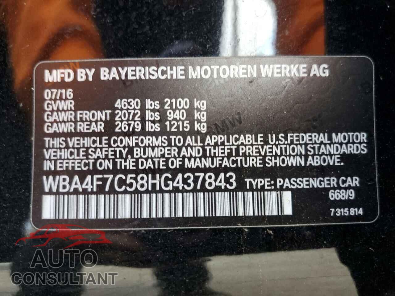 BMW 4 SERIES 2017 - WBA4F7C58HG437843