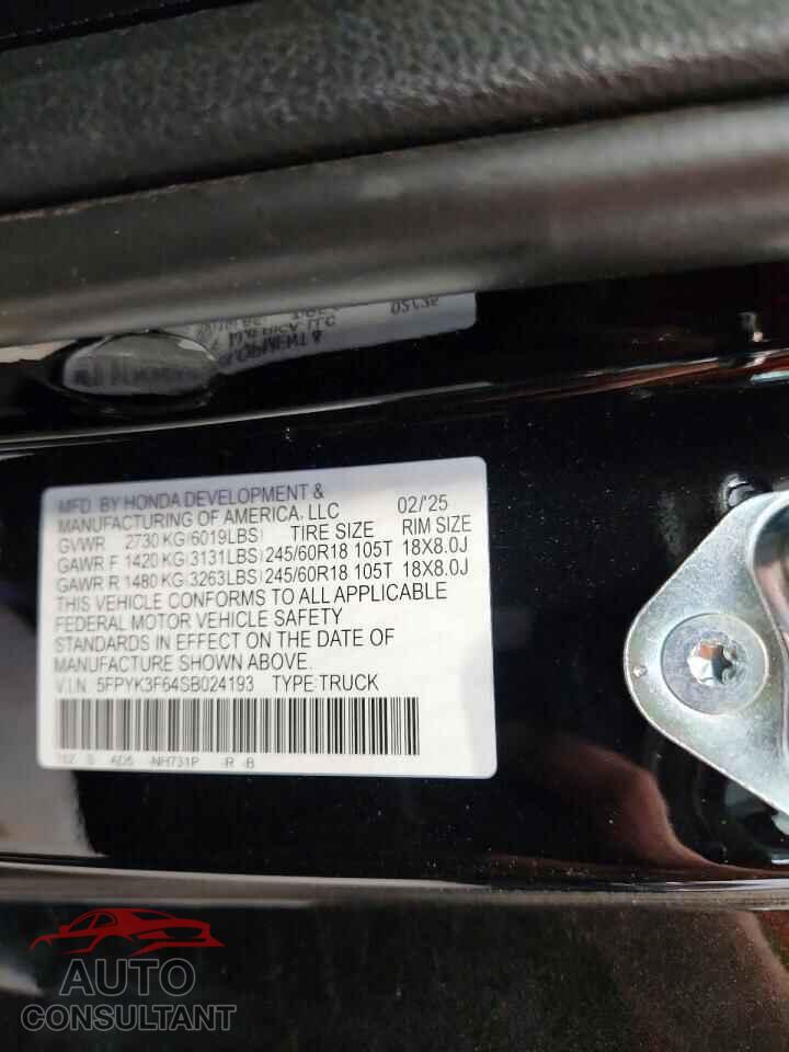 HONDA RIDGELINE 2025 - 5FPYK3F64SB024193