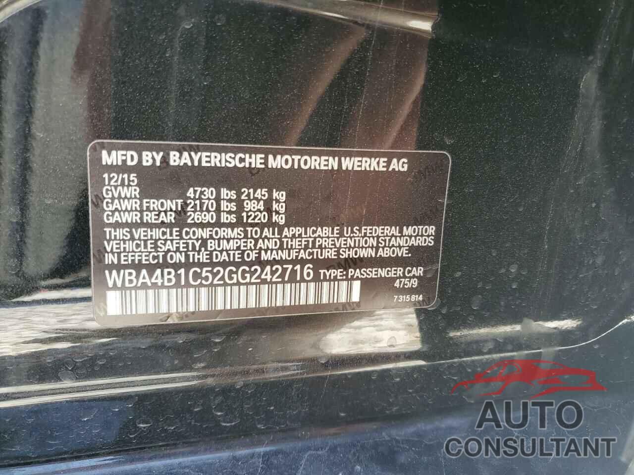 BMW 4 SERIES 2016 - WBA4B1C52GG242716