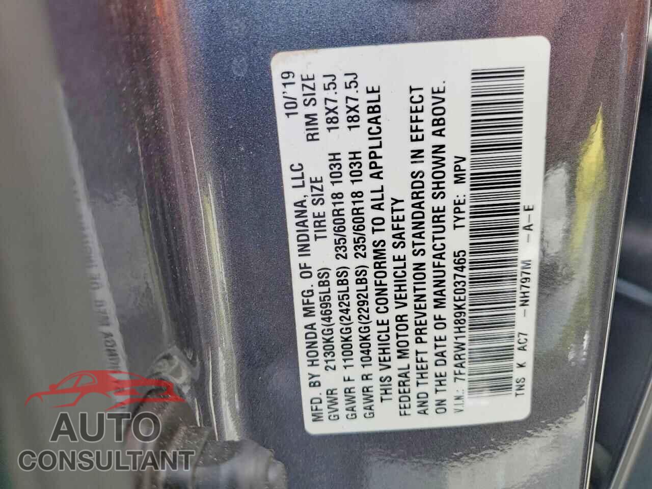 HONDA CRV 2019 - 7FARW1H89KE037465
