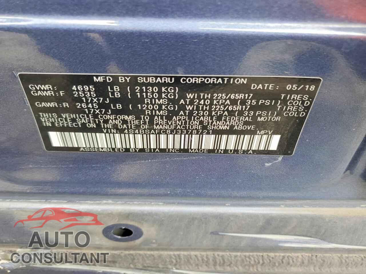 SUBARU OUTBACK 2018 - 4S4BSAFC8J3378721