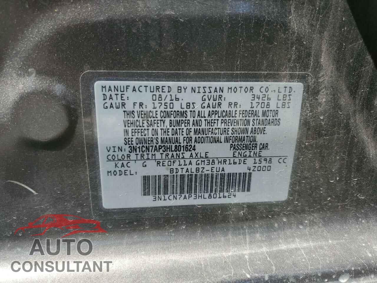 NISSAN VERSA 2017 - 3N1CN7AP3HL801624