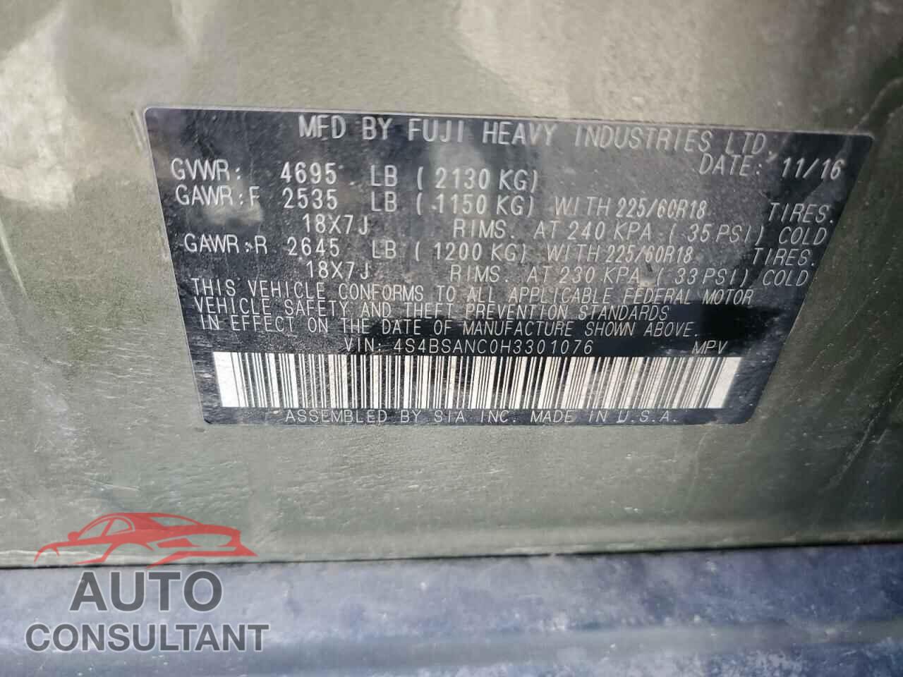 SUBARU OUTBACK 2017 - 4S4BSANC0H3301076