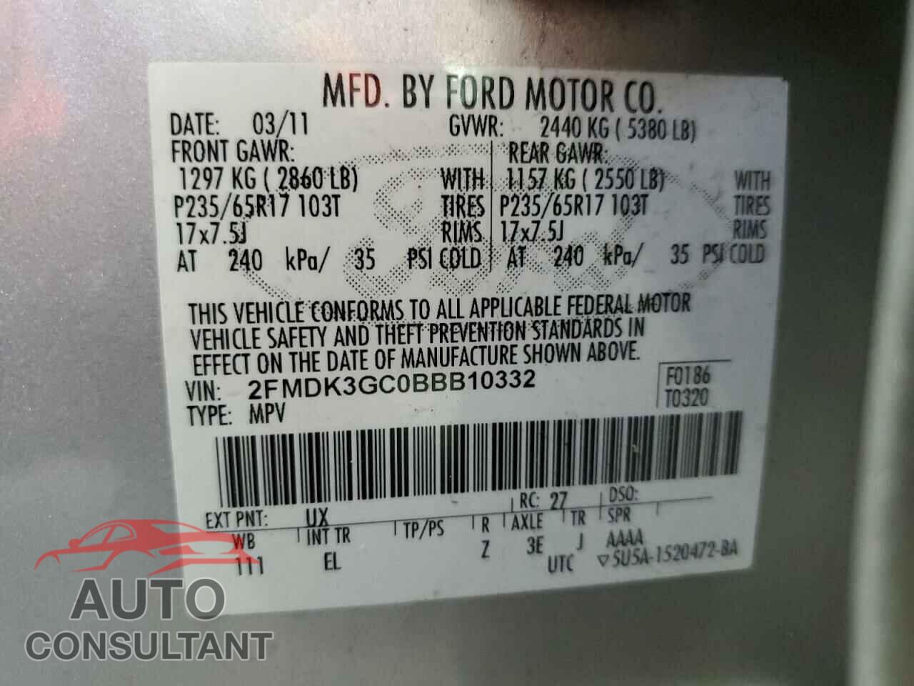 FORD EDGE 2011 - 2FMDK3GC0BBB10332