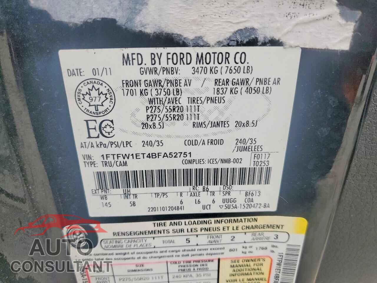 FORD F150 2011 - 1FTFW1ET4BFA52751