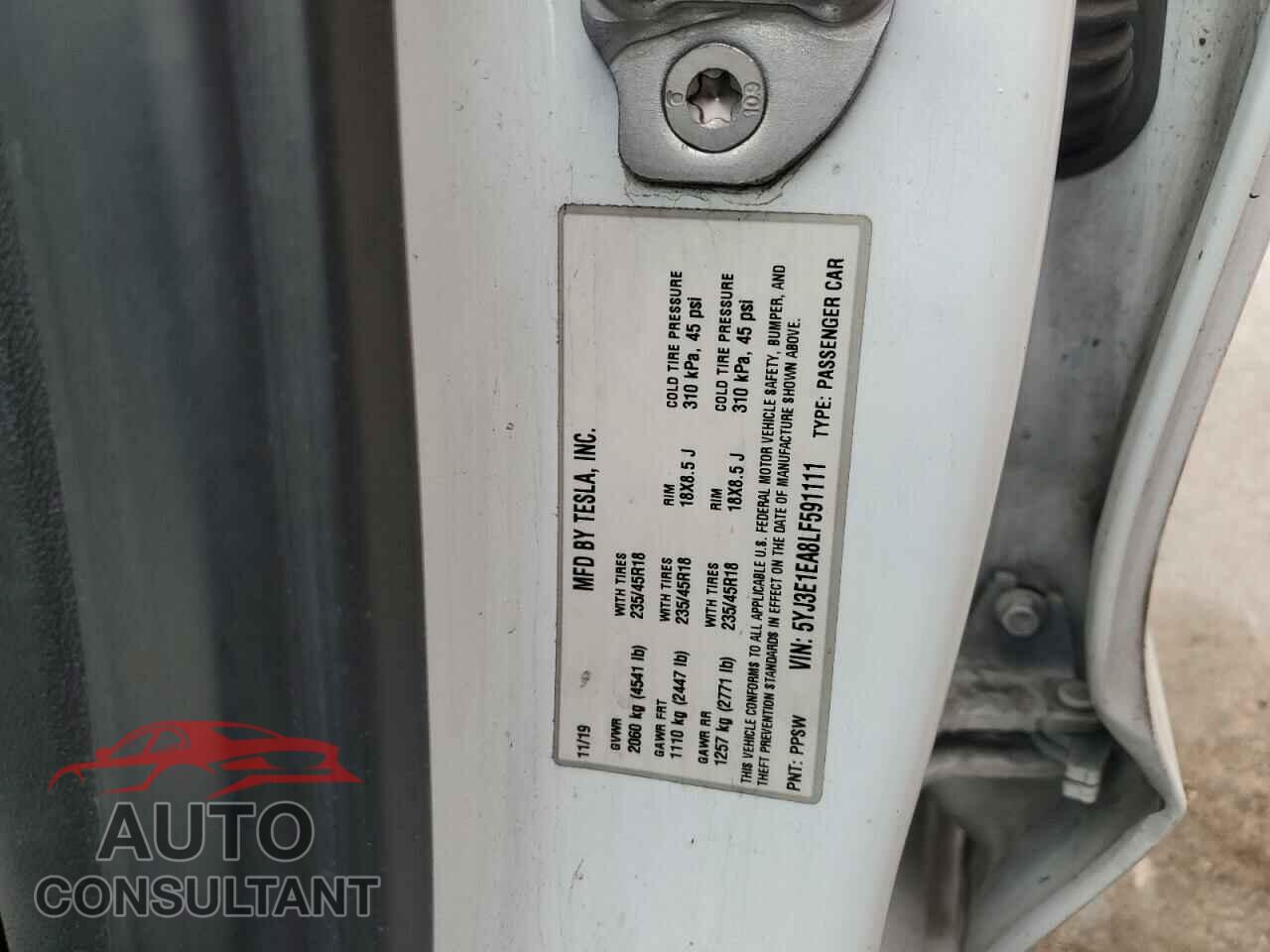 TESLA MODEL 3 2020 - 5YJ3E1EA8LF591111