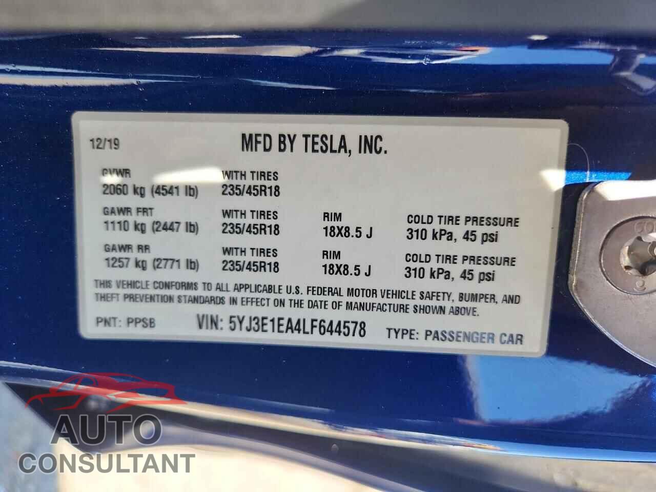 TESLA MODEL 3 2020 - 5YJ3E1EA4LF644578