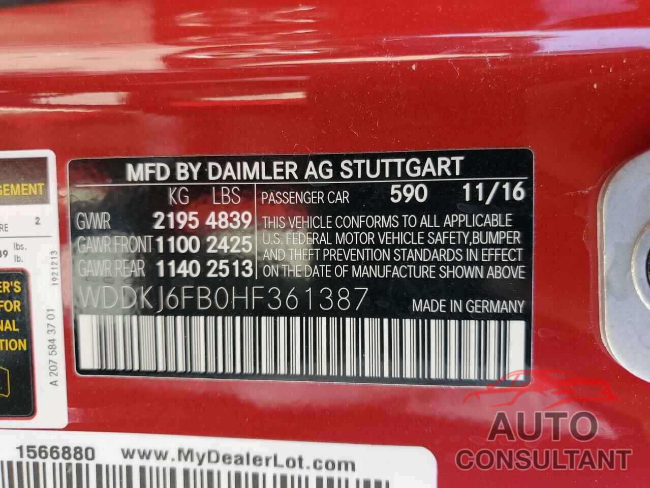 MERCEDES-BENZ E-CLASS 2017 - WDDKJ6FB0HF361387
