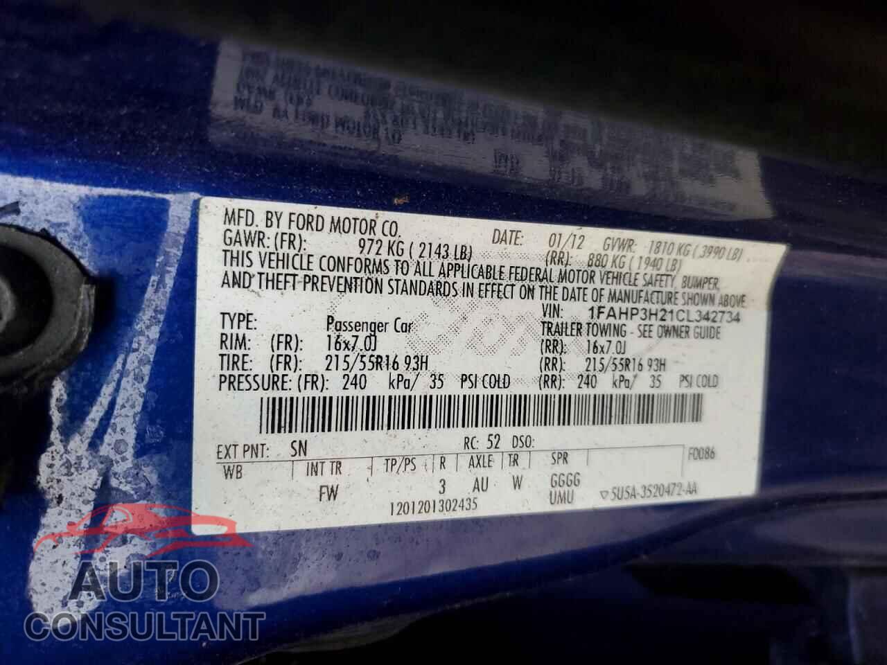 FORD FOCUS 2012 - 1FAHP3H21CL342734