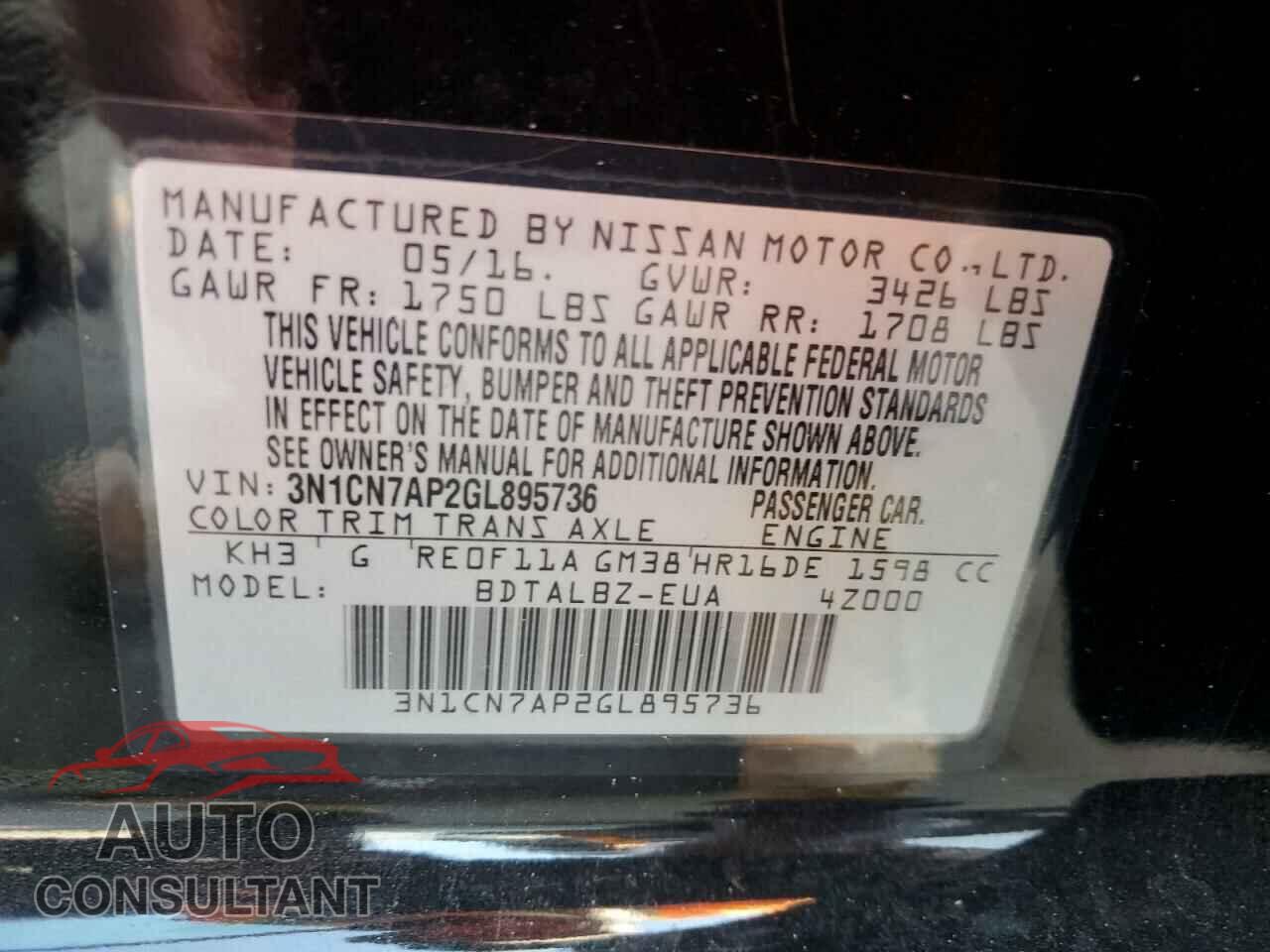 NISSAN VERSA 2016 - 3N1CN7AP2GL895736
