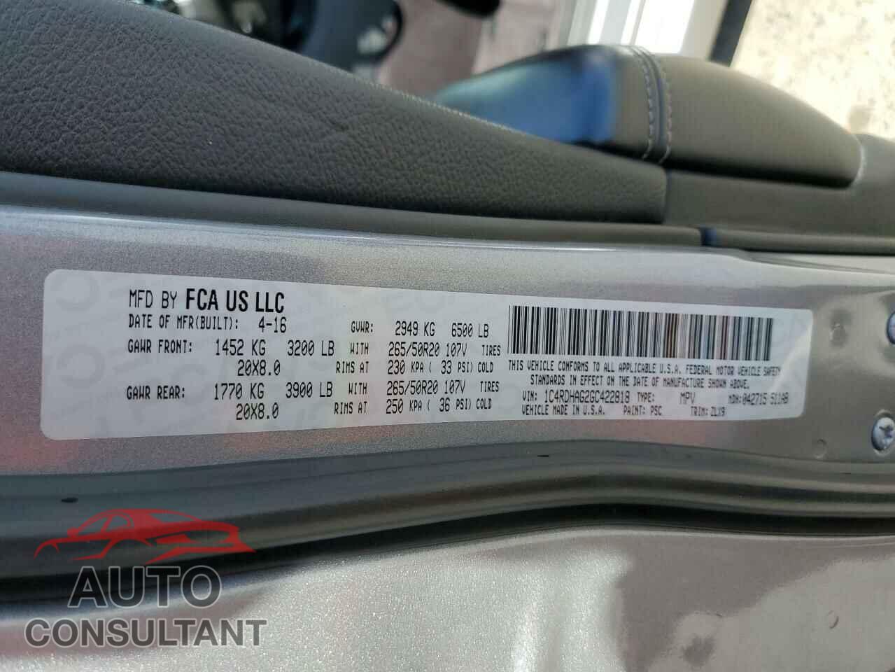 DODGE DURANGO 2016 - 1C4RDHAG2GC422818