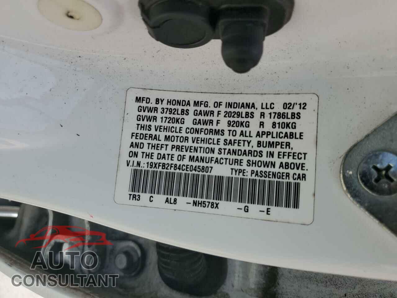 HONDA CIVIC 2012 - 19XFB2F84CE045807