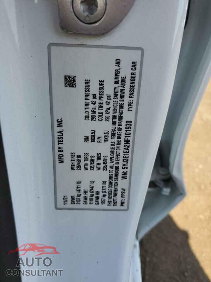 TESLA MODEL 3 2022 - 5YJ3E1EA2NF101930