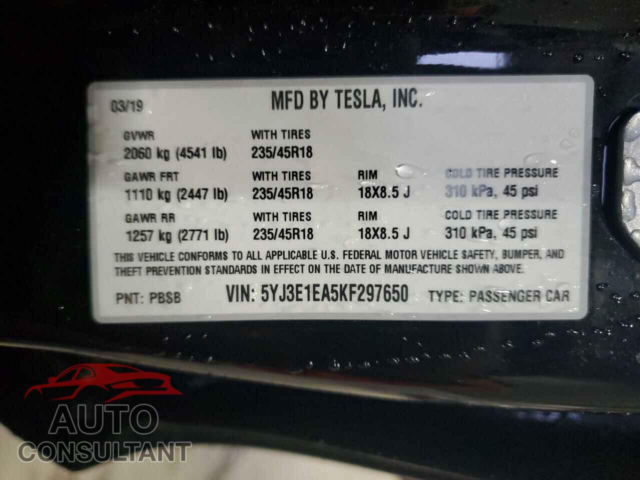TESLA MODEL 3 2019 - 5YJ3E1EA5KF297650