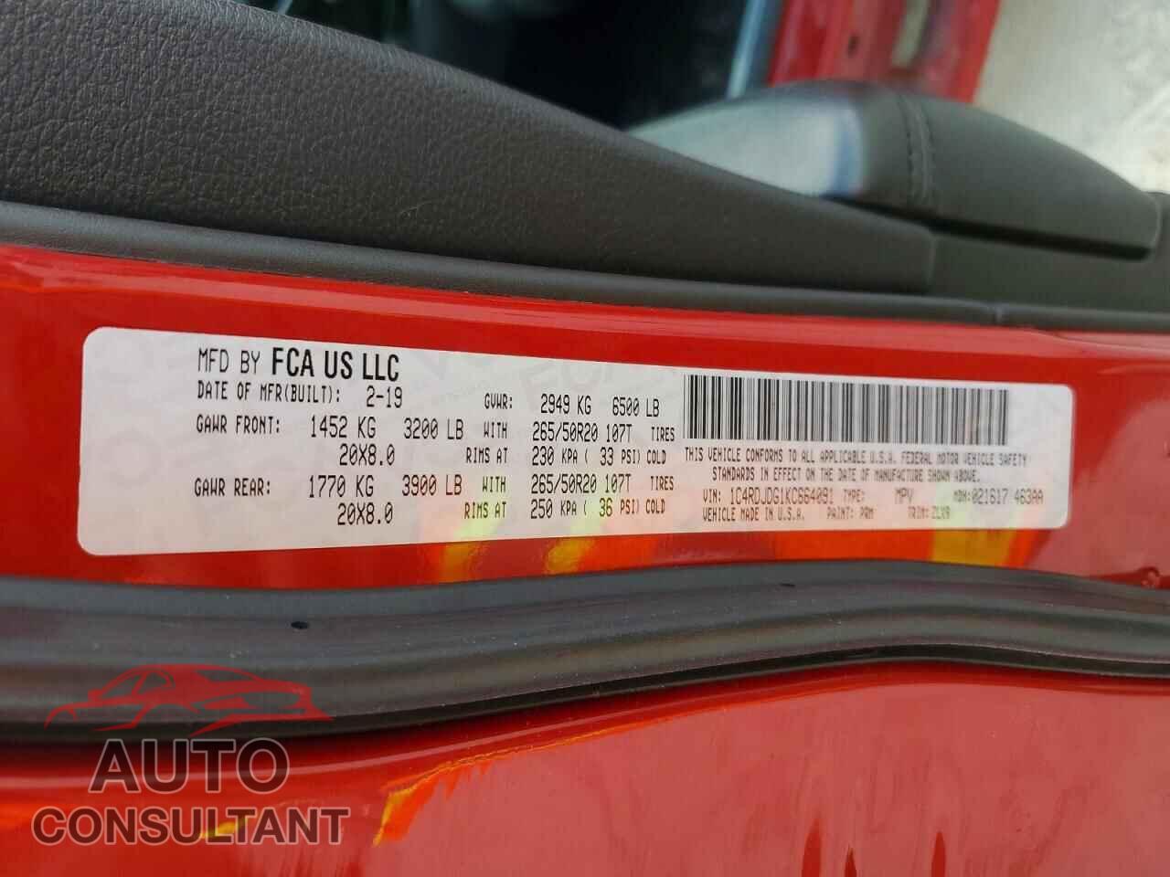 DODGE DURANGO 2019 - 1C4RDJDG1KC664091