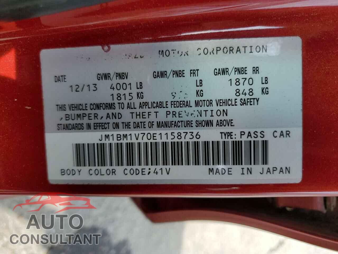 MAZDA 3 2014 - JM1BM1V70E1158736